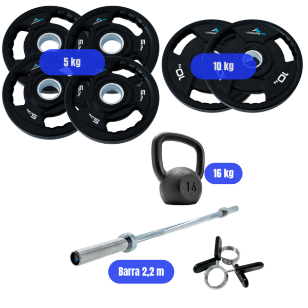 Kit Anilhas Olímpicas + Barra Olímpica 2,20m + Kettlebell 16kg