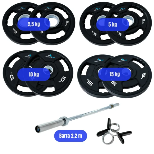 Kit Intermediário Olímpico 2,5 kg - 15 kg + Barra Reta Olímpica 2,20m